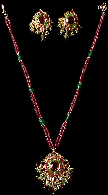 Faceted Pink Tourmaline & Emerald Necklace with Matching Earrings Set