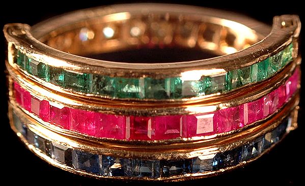 Faceted Precious Gemstones Finger Ring (Emerald, Ruby, Blue Sapphire and Diamond on the Back)