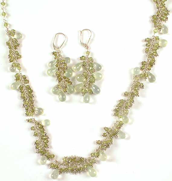 Faceted Prehnite Drop Necklace & Earrings Set with Peridot