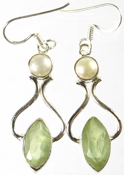 Faceted Prehnite Marquis Earrings with Pearl