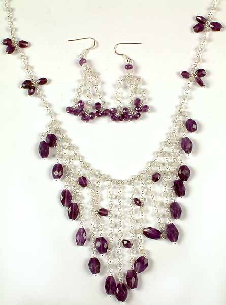 Faceted Rainbow Moonstone & Amethyst Necklace with Matching Earrings