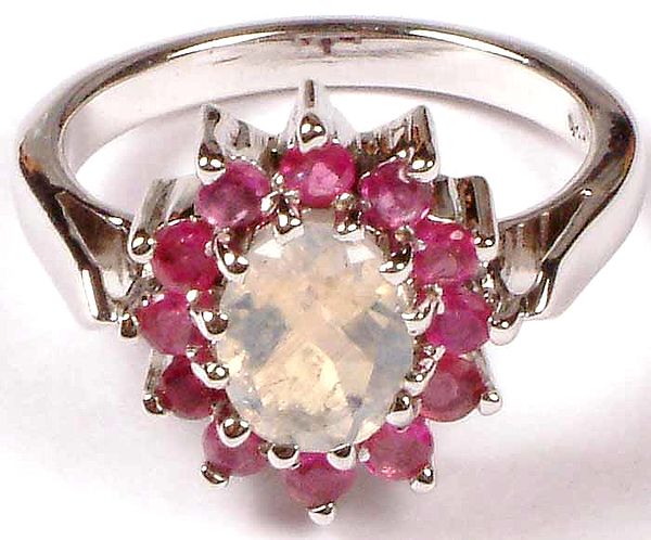 Faceted Rainbow Moonstone & Ruby Ring