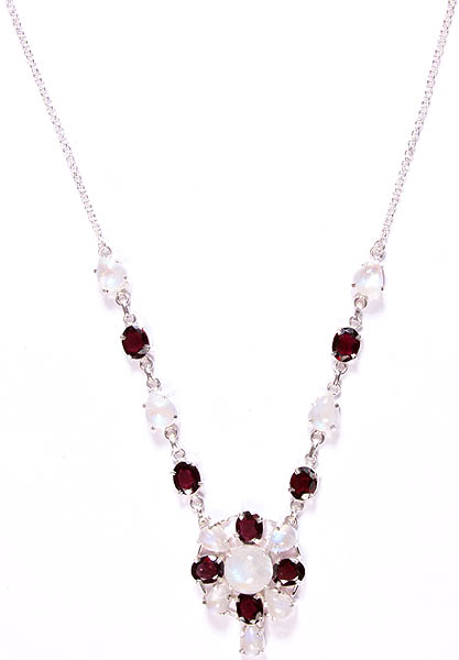 Faceted Rainbow Moonstone and Garnet Necklace