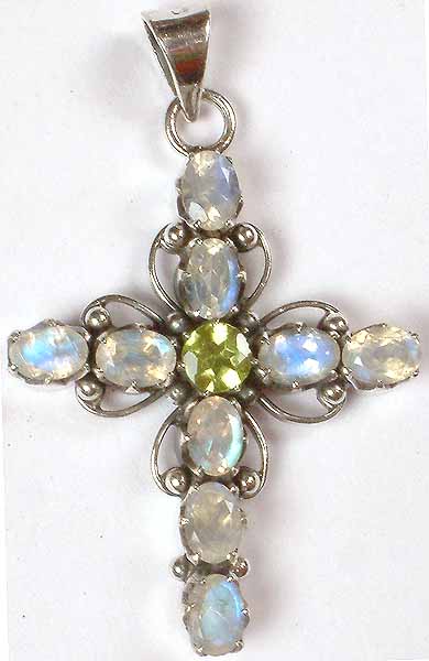 Faceted Rainbow Moonstone and Peridot Cross