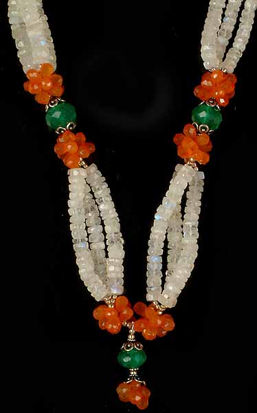 Faceted Rainbow Moonstone, Carnelian & Green Onyx Necklace