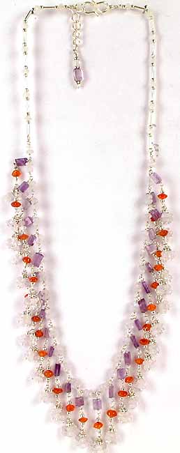 Faceted Rainbow Moonstone, Carnelian and Amethyst Necklace
