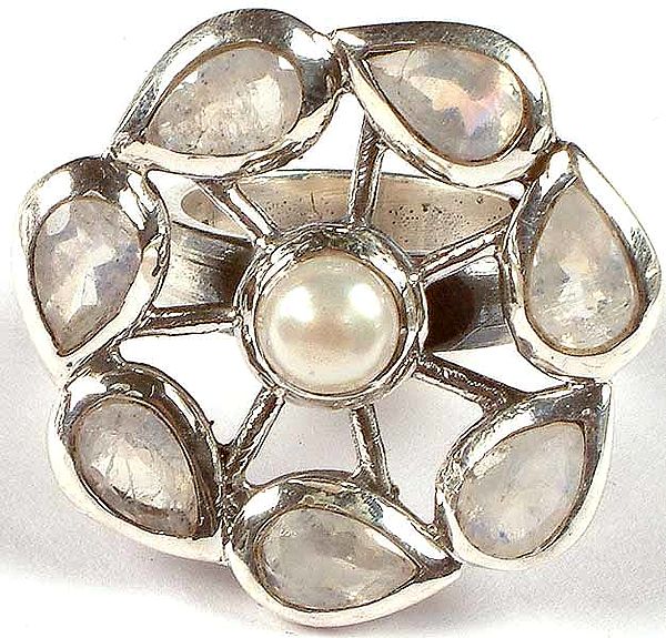 Faceted Rainbow Moonstone Flower Ring With Central Pearl