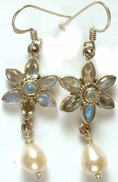 Faceted Rainbow Moonstone Flower with Dangling Pearl