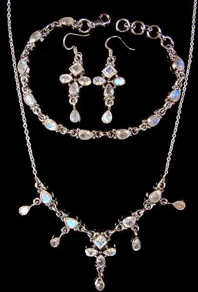 Faceted Rainbow Moonstone Necklace, Bracelet & Earrings Set