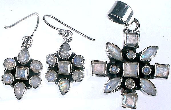 Faceted Rainbow Moonstone Pendant and Earrings Set
