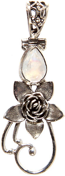 Faceted Rainbow Moonstone Pendant with Sterling Flower