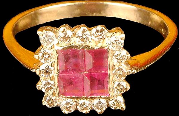Faceted Rectangular Ruby Ring with Diamond Border