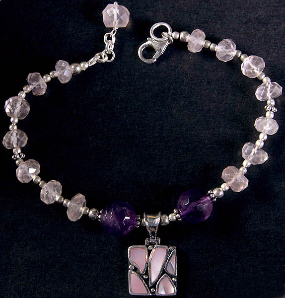 Faceted Rose Quartz and Amethyst Bracelet with MOP Charm