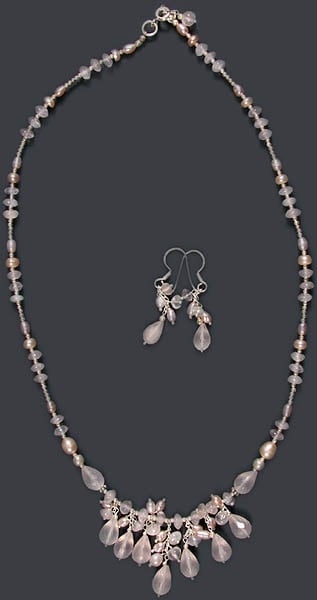 Faceted Rose Quartz and Pearl Necklace with Matching Earrings Set