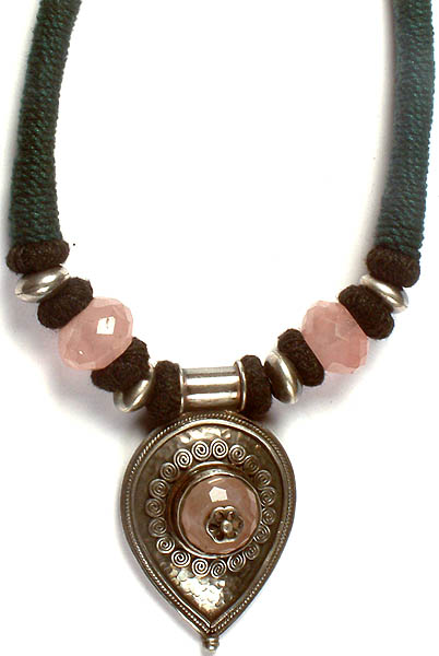Faceted Rose Quartz Antiquated Necklace with Black Cord