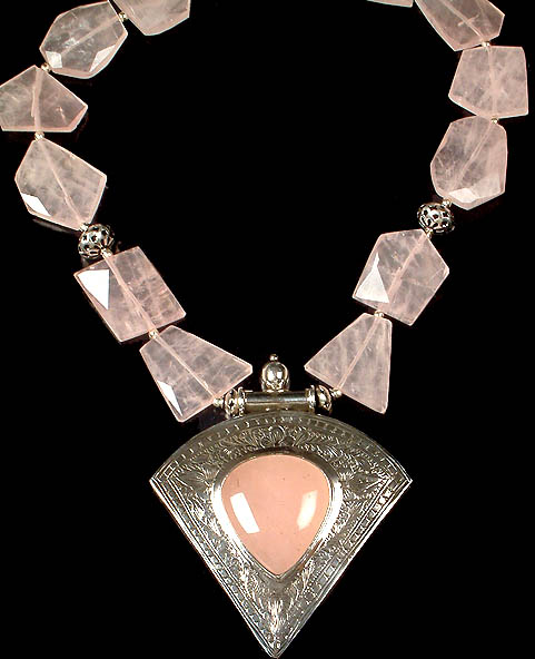 Faceted Rose Quartz Flat Beaded Necklace with Central Fertility Pendant