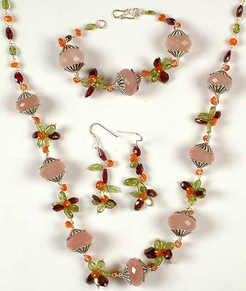 Faceted Rose Quartz Necklace, Bracelet & Earrings Set with Gemstones
