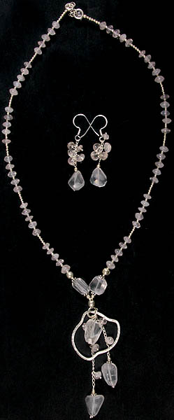 Faceted Rose Quartz Necklace with Charms and Earrings Set