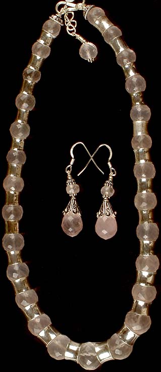 Faceted Rose Quartz Necklace with Matching Earrings Set
