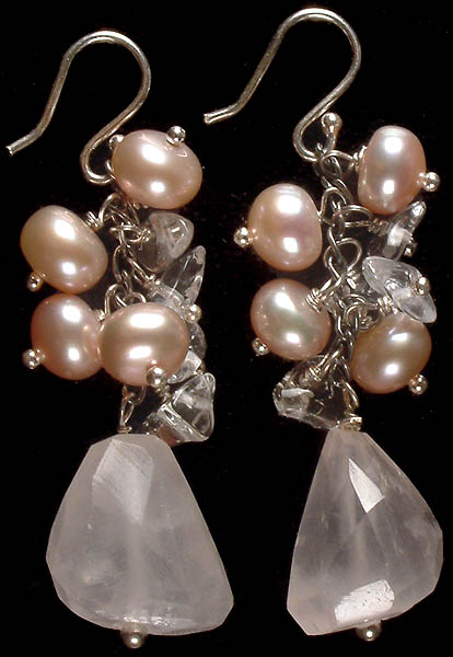 Faceted Rose Quartz Tumble Earrings with Pearl