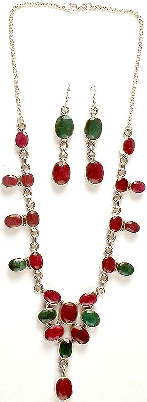 Faceted Ruby & Emerald Necklace with Matching Earrings Set