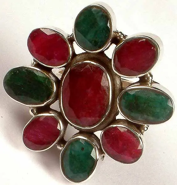 Faceted Ruby & Emerald Ring