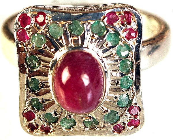 Faceted Ruby and Emerald Ring