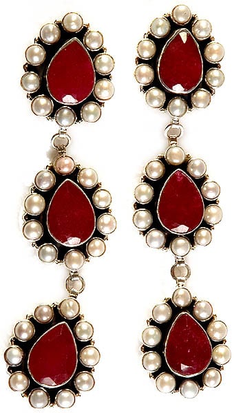 Faceted Ruby and Pearl Earrings