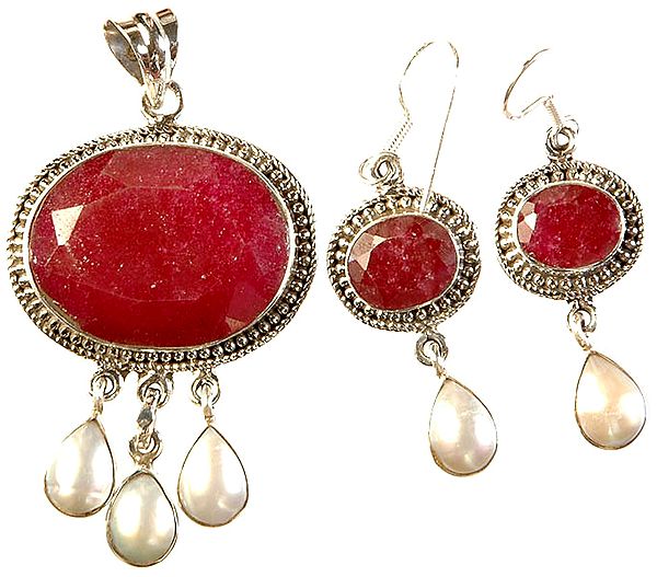 Faceted Ruby and Pearl Pendant with Earrings Set