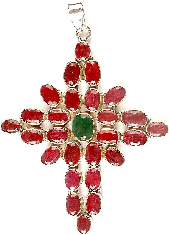 Faceted Ruby Cross with Central Emerald