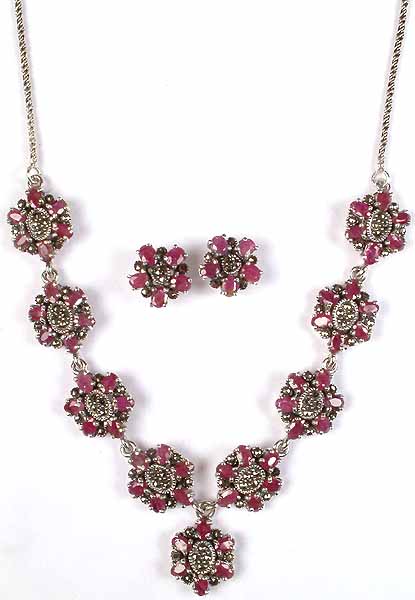 Faceted Ruby Floral Necklace with Matching Earrings