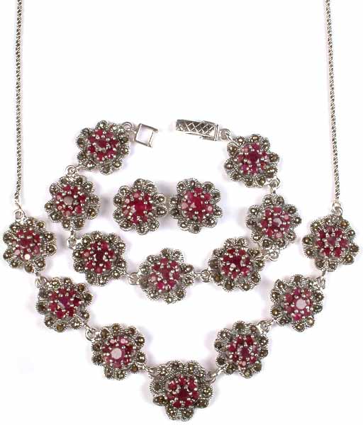 Faceted Ruby Necklace, Bracelet & Earrings Set