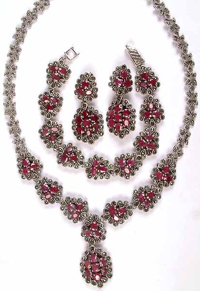 Faceted Ruby Necklace, Bracelet & Earrings Set