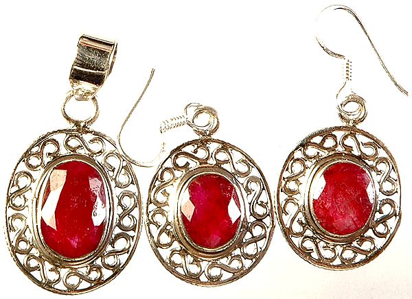 Faceted Ruby Oval Pendant with  Earrings Set