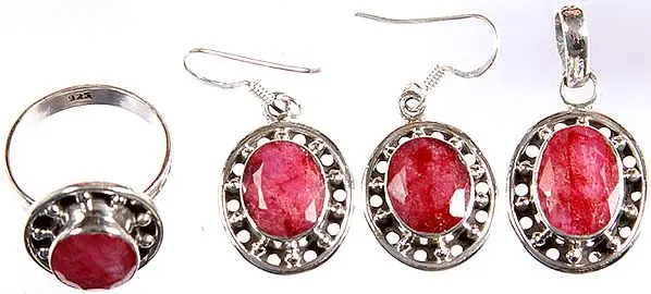 Faceted Ruby Pendant, Earrings and Ring Set