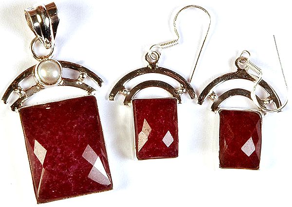 Faceted Ruby Pendant with Pearl and Earrings Set