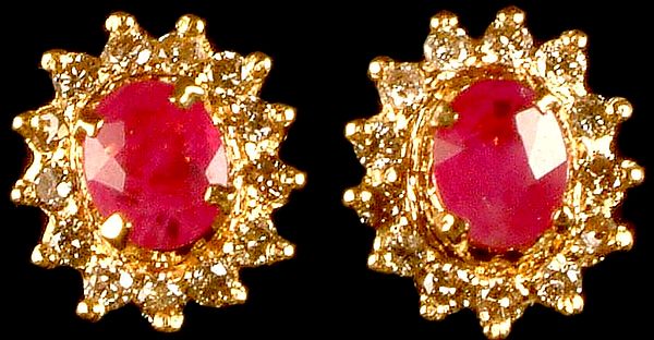 Faceted Ruby Post Earrings with Diamonds