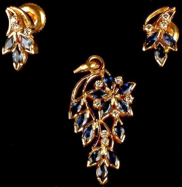 Faceted Sapphire Gold Pendant & Earrings Set with Diamonds