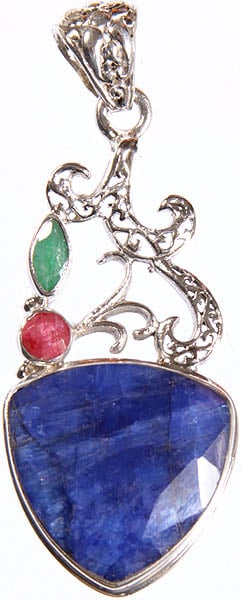 Faceted Sapphire Pendant with Ruby and Emerald