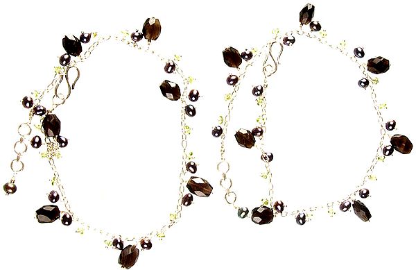Faceted Smoky Quartz and Black Pearl Anklets (Price Per Pair)