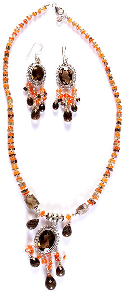 Faceted Smoky Quartz and Carnelian Beaded Necklace with Charms and Earrings Set