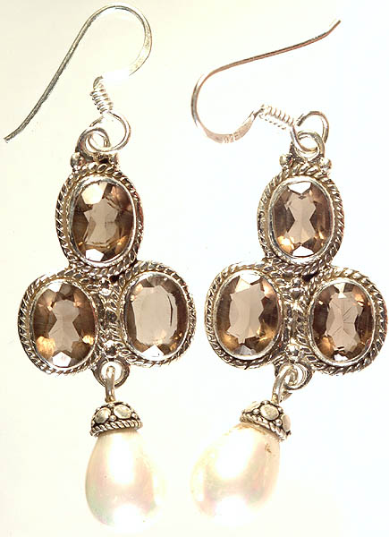 Faceted Smoky Quartz and Pearl Earrings