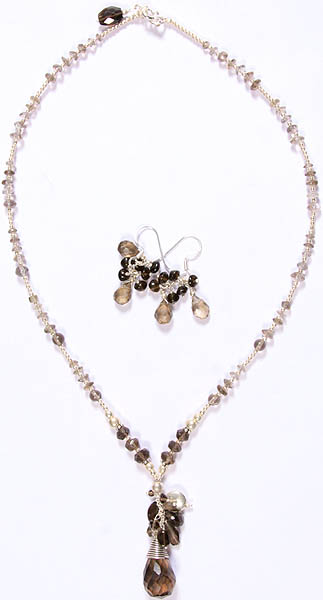 Faceted Smoky Quartz Beaded Necklace with Earrings Set