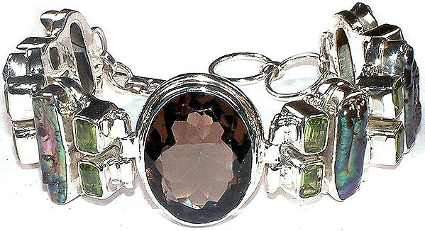 Faceted Smoky Quartz Bracelet with Blue Topaz, Peridot and Rugged Pearl