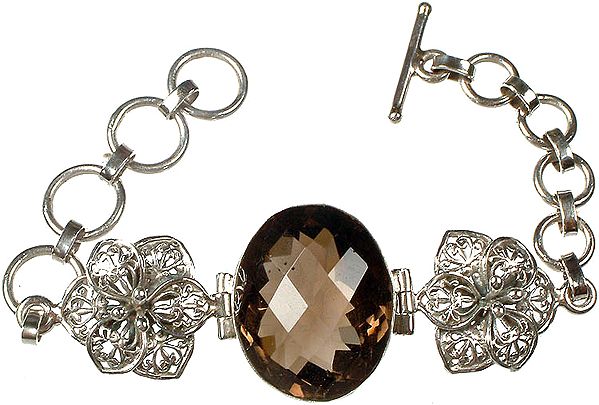 Faceted Smoky Quartz Bracelet with Twin Flowers