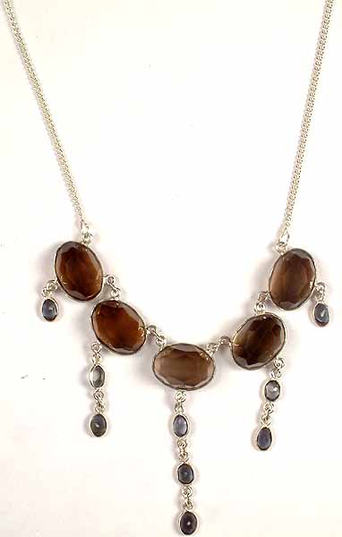 Faceted Smoky Quartz Necklace with Iolite Dangles