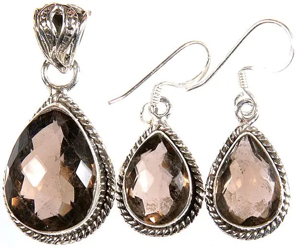 Faceted Smoky Quartz Pendant with Matching Earrings Set