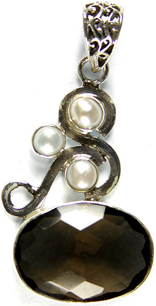 Faceted Smoky Quartz Pendant with Triple Pearl