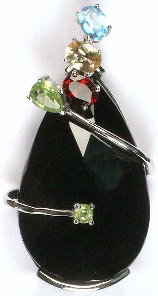 Faceted Tear Drop Black Onyx Pendant with Gemstones