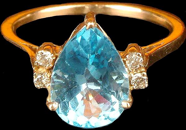Faceted Tear Drop Blue Topaz Ring with Diamonds